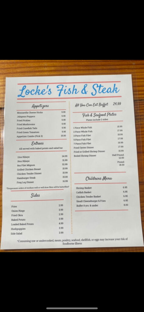 Locke's Fish & Steak Menu